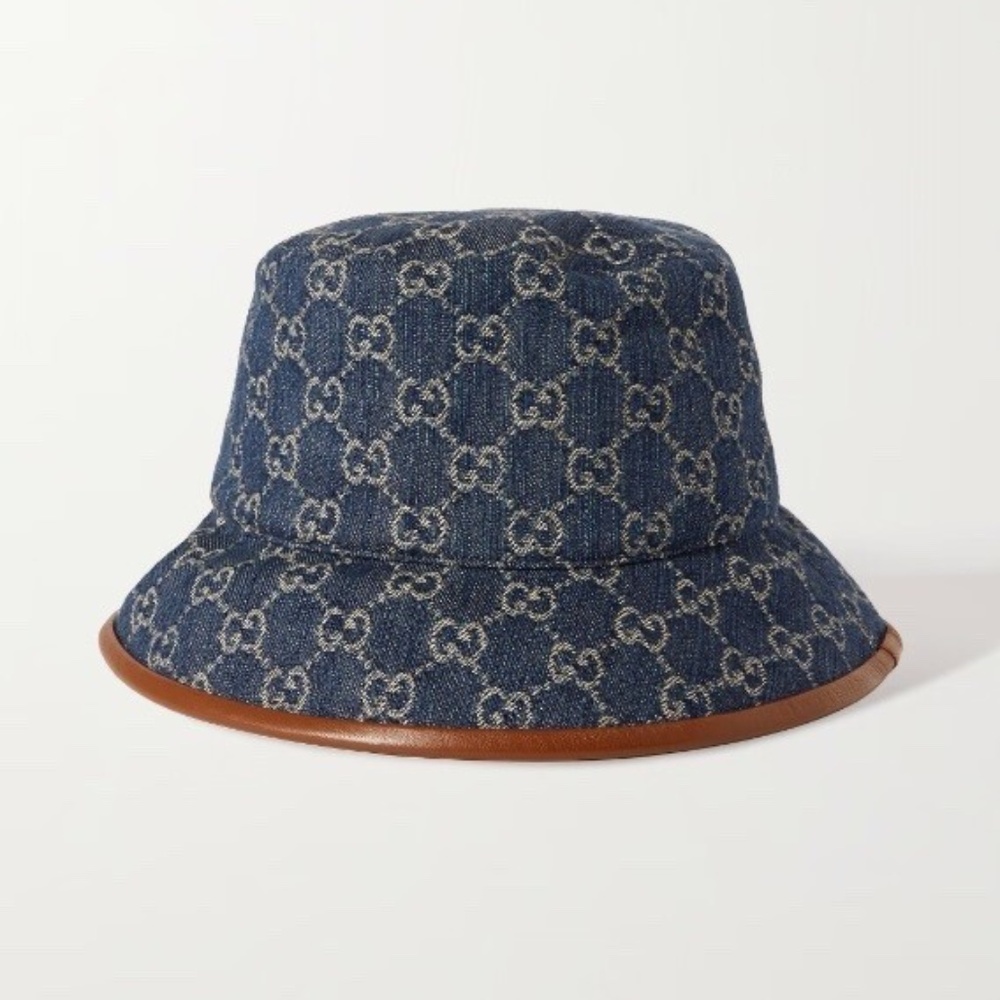 GUCCI "GG" Blue Denim Brown Leather Trim Bucket Hat Size Med 576371 UNISEX NWT - Picture 2 of 12